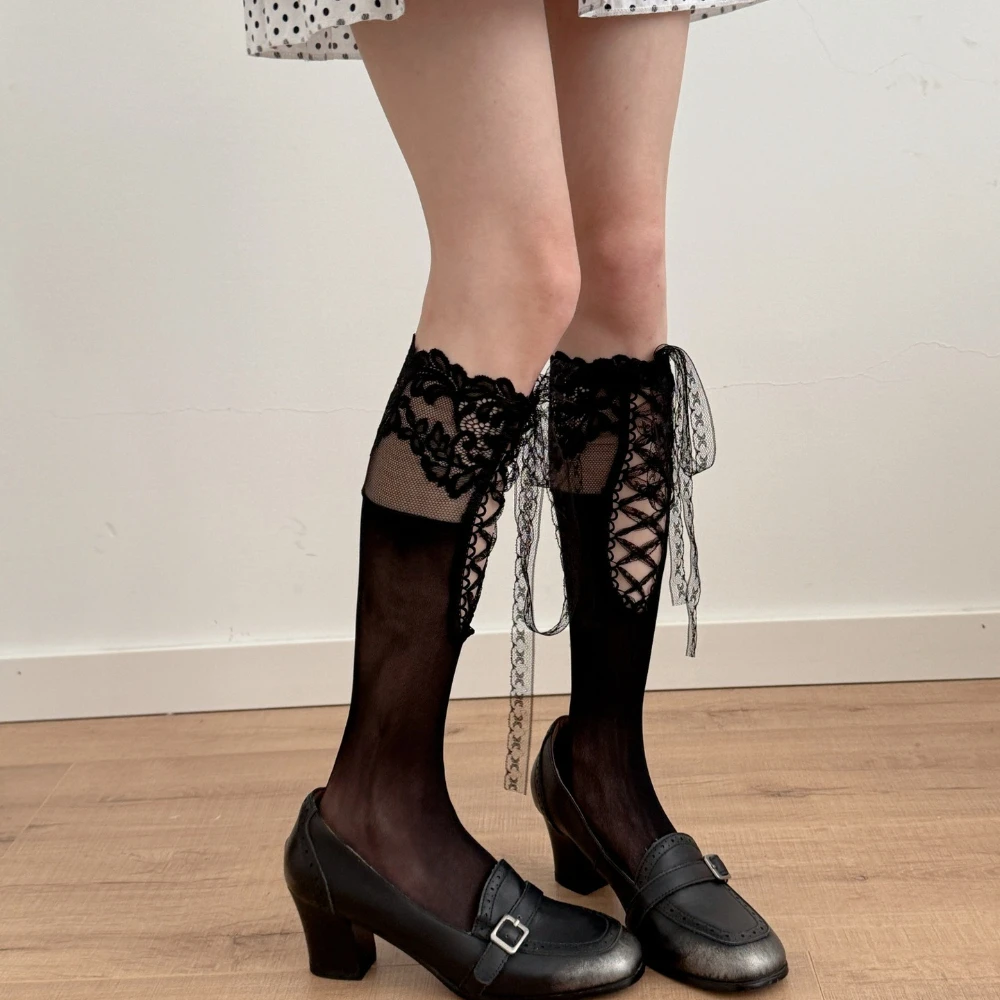 Vintage Court Style Lace Trim Tie Leg Socks Sweet Y2K Lace Cross Spliced Thigh High Socks JK Lolita Dress Y2K Hot Girl Socks