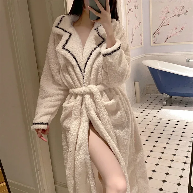 2023 Winter Long Sleeve Thick Warm Flannel Kimono Robes for Women Cute Lace Bathrobes Sleepwear Bath Robe Nightdress Night Dress