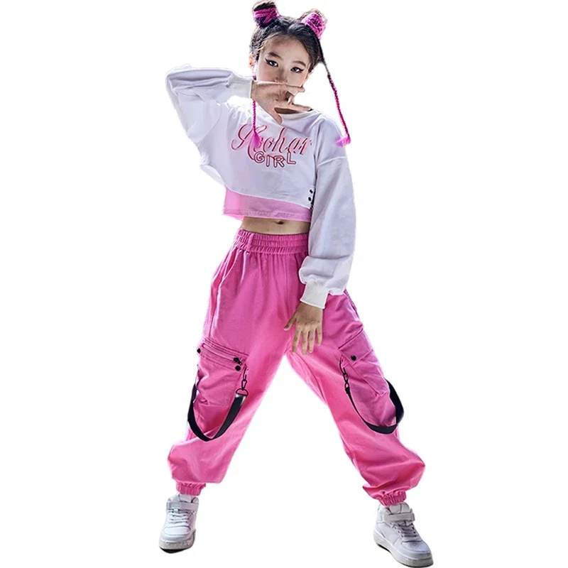 子供のためのダンス服,モダンなジャズダンスの衣装,女の子のための白い長袖トップス,ルーズなピンクのパンツ,ヒップホップスタイル