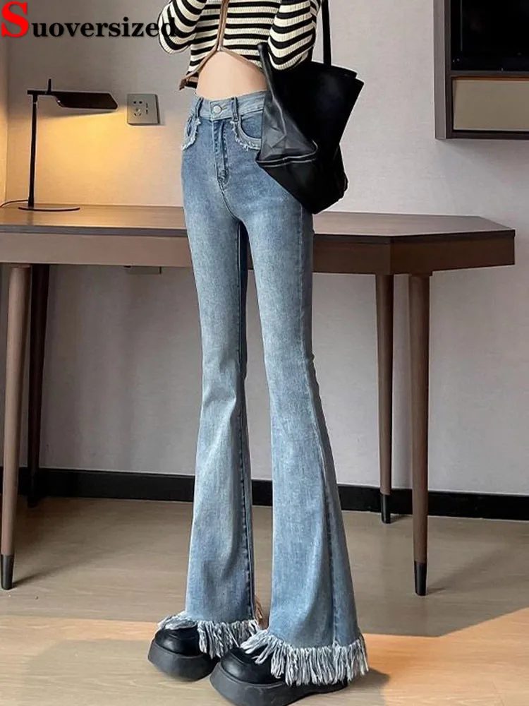 

Винтажные эластичные джинсы с бахромой, женские повседневные расклешенные джинсовые брюки с кисточками и высокой талией, модные широкие брюки в стиле ретро, Vaqueros