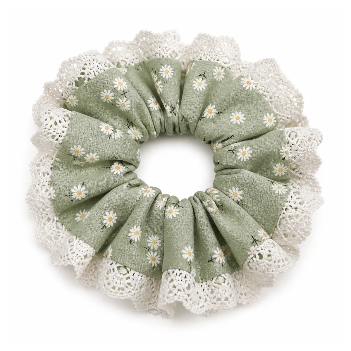 muted-moss-green-white-daisy-crochet-lace-ruffled-double-layer-hair-scrunchie-for-ponytails-and-buns