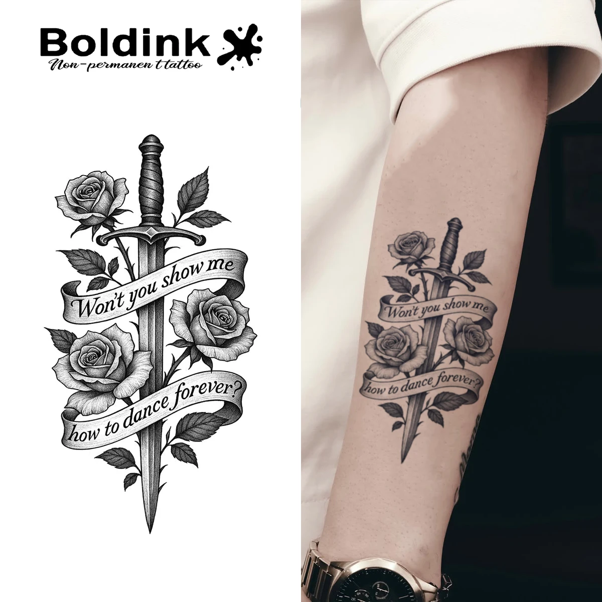 Boldink Non-Permanent Tattoo Technology Rose and Sword Inspired Design Romantic Tattoo Stickers Waterproof for 1-2 Weeks.