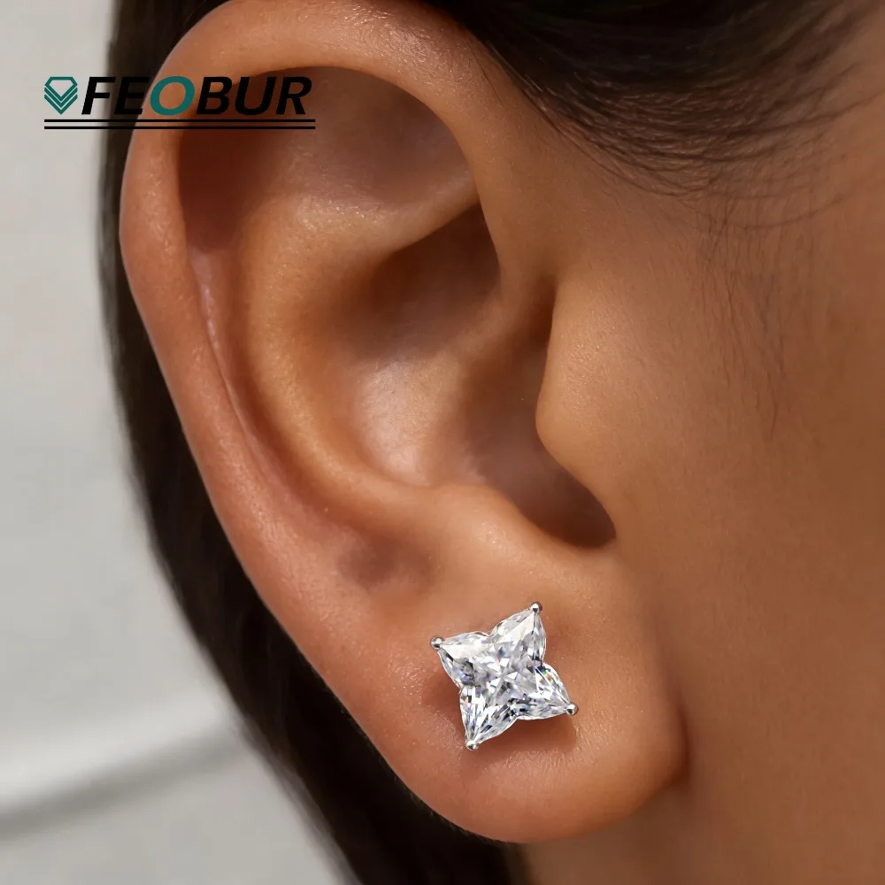 

FEOBUR 4/5mm Moissanite Lily Cut Stud Earrings for Women Clover Lab Diamond Ear Studs 925 Sterling Silver Certified Jewelry GRA