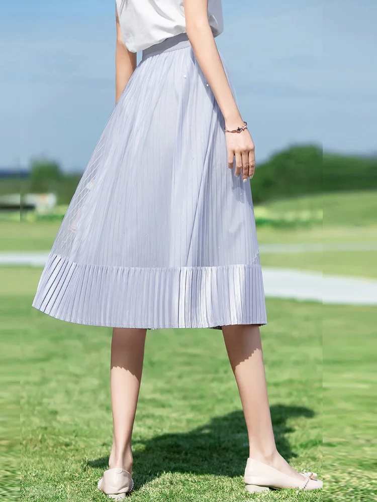 I BELIEVE YOU Solid Korean Style Skirt Summer Bright Silk Elastic Waist Pleated  Aline Skirt Calf-Length Woman Skirts 2222024511