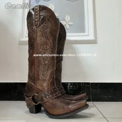 Retro Belt Buckle Rivet Western Cowboy Boots Women 2025 New Pointed Thick Heel Versatile Embroidery Sleeve Motorcycle Boots