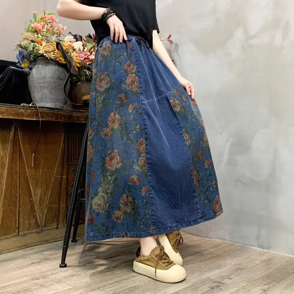 Jianmeng Denim skirt 2025 spring new personalized printed stitching loose A- line dress female 2553-3
