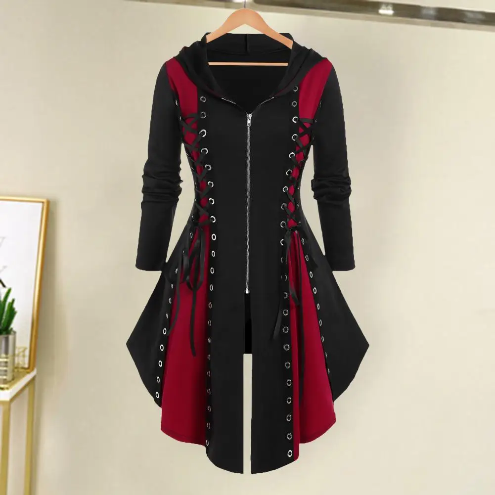 Gothic Style Dress Gothic Halloween Cosplay Dress with Lace-up Straps Irregular Hem Women's Festival Midi Dress with Hood Zipper