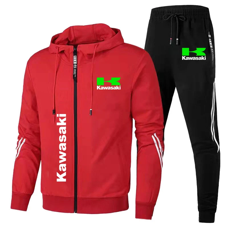 Men\'s Kawasaki Logo Printed Tracksuit Motorcycle Jacket Outdoor Sports Hooded Sweatshirt+Pants 2Piece Racing Biker Sportswear