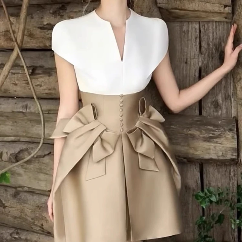 Estilo francês feminino temperamento vestido elegante, cor contrastante, decote em v, manga curta, laço, cintura alta, aniversário, noite, verão