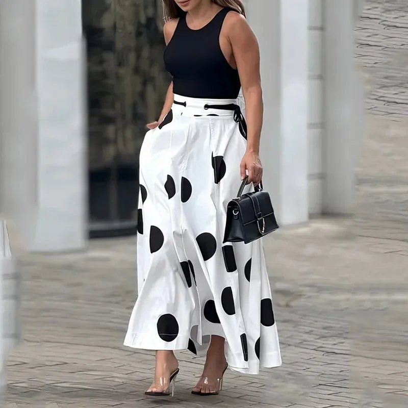 Two-piece Suit Women\'s Sets New Casual Sleeveless Fresh and Sweet Polka Dot Print Top and Long Skirt Streetwear Summer 2024