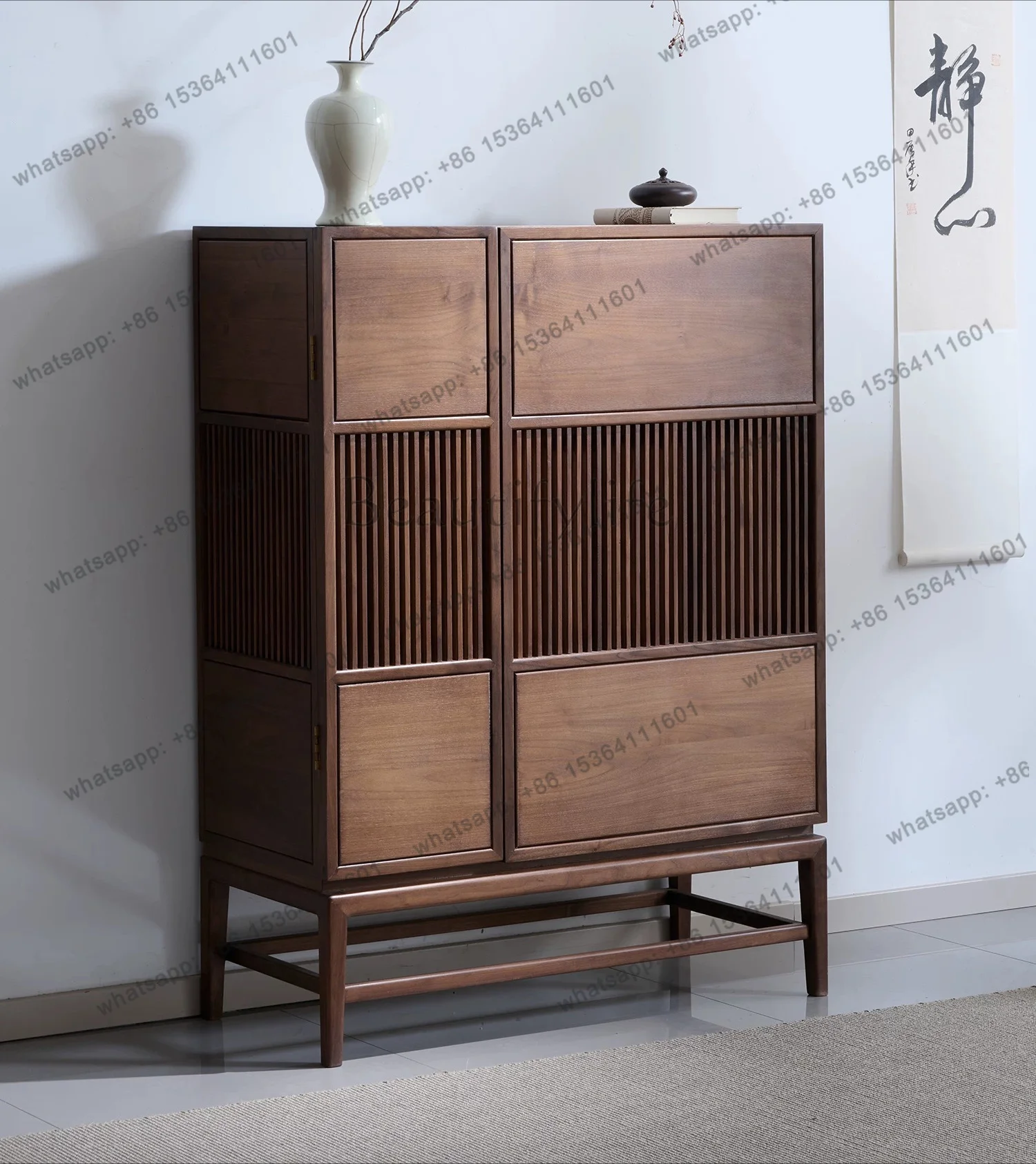 New Chinese style side cabinet, solid wood Zen black walnut floor-standing storage, wall-mounted tea cabinet