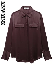 XNWMNZ Female 2024 Autumn New Casual Shirt Coat Woman Fashion Turn-down Collar Jacket Long Sleeve RUFFLES Satin Solid Color Top