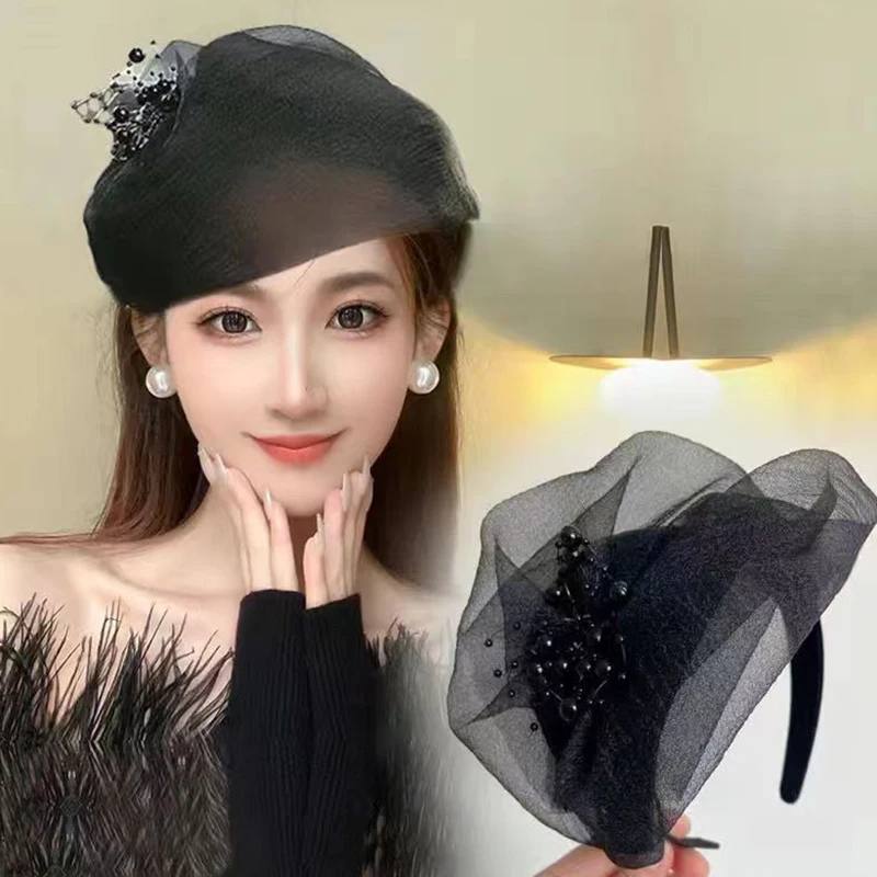 Elegancka półkapelusz z pałąkiem na głowę francuska retro obręcz do włosów obiadowa opaska do włosów dla kobiet dziewczynki temperament nakrycia głowy akcesoria do włosów
