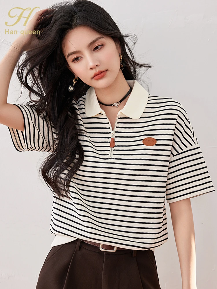 H Han Queen Summer Tops Simple Stripe Short Sleeve Blouse  Casual T-Shirts Vintage Loose Blouses Korean Style Women\'s Clothing