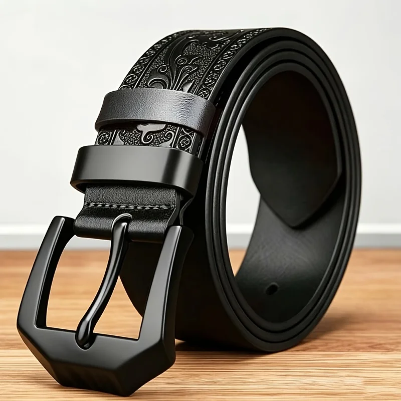 Men's Embossed Belt with Alloy Needle Buckle, Business Casual Waist Belt for Jeans & Work Pants, Ideal Gift for Commute & Travel