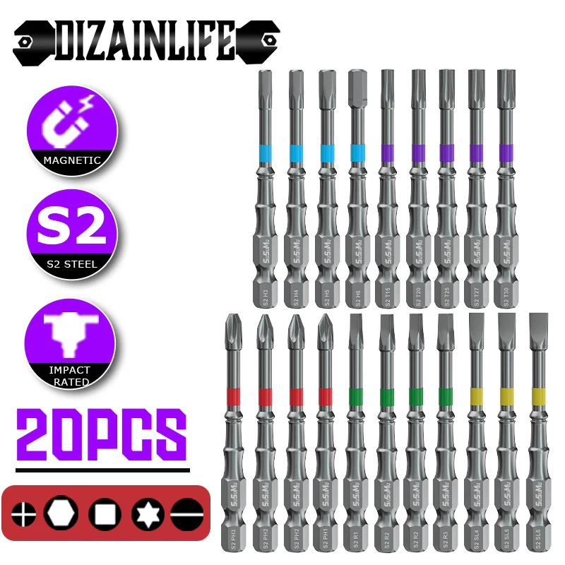 20 PCS Magnetic Batch Head Set Impact Strong Electric Screwdriver Bit Set  5 Types Head Bit Anti-slip Waterproof Phillips Bits