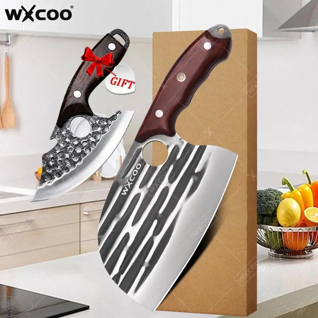 WXCOO Stainless Steel Kitchen Knife Forged Chinese Slicing Knife with Wooden Handle Meat Cleaver and Kitchen Peeler Unique Gift