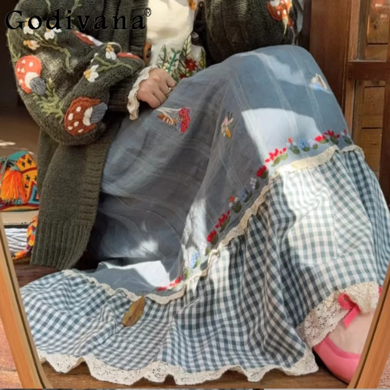 

Spring Summer Sweet Embroidered Lace Splicing Plaid Long Skirt Women Fashion Age-reducing Elastic Waist Leisure Blue Skirts