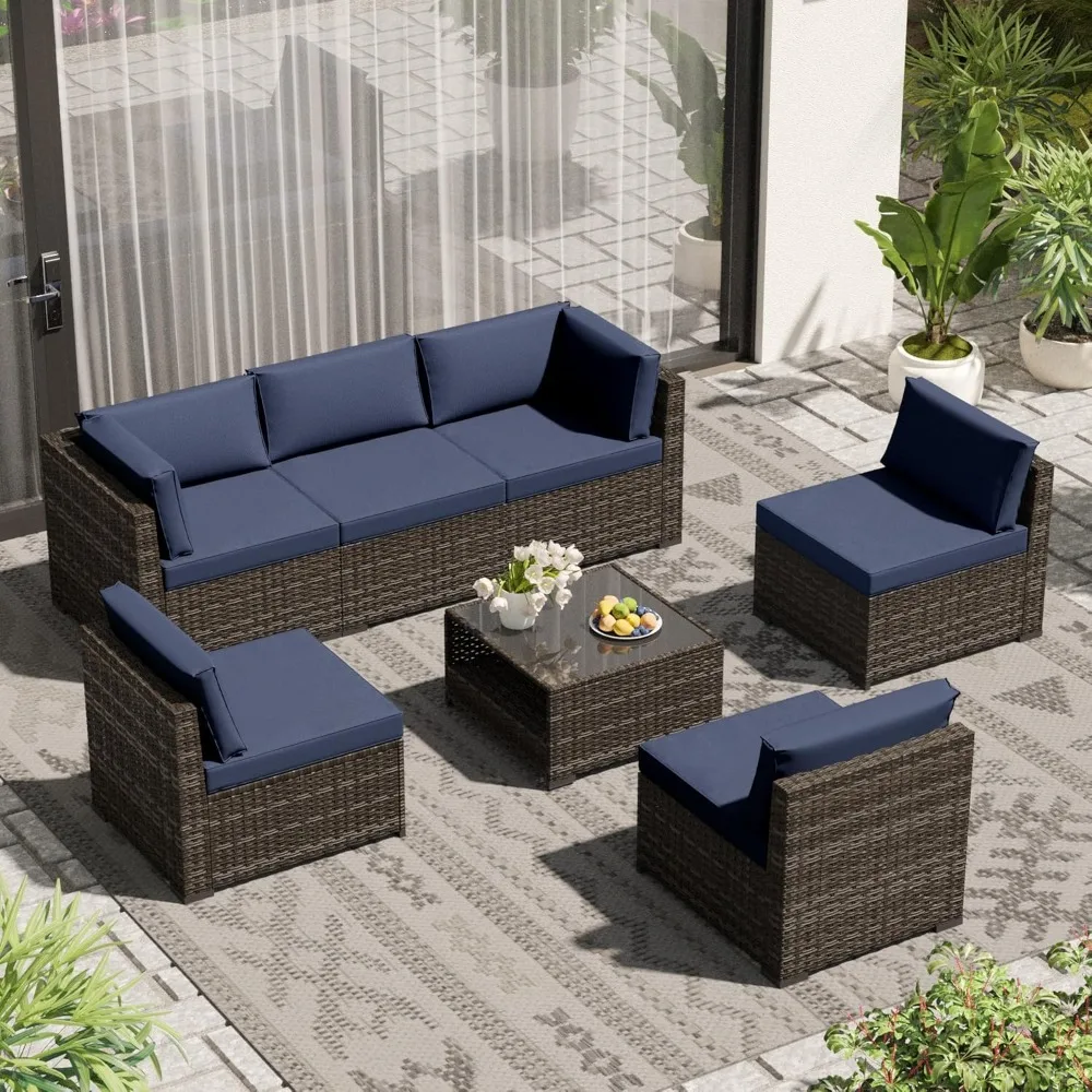 

Patio Furniture Set, 7 Piece Outdoor Sectional Sofa Set with 2-Layer Coffee Table, PE Rattan Wicker Sectional Conversation Set