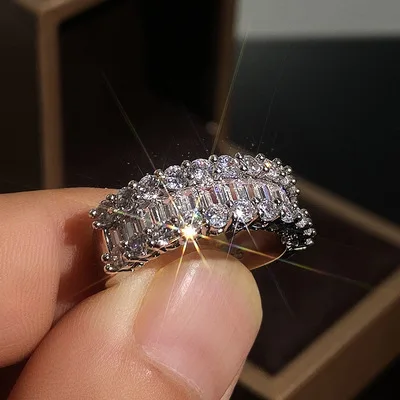 Fashion Bridal Wedding 925 Silver Color Ring Princess Cut 1 CT White CZ Zircon Engagement Rings Silver Party Crystal Jewelry