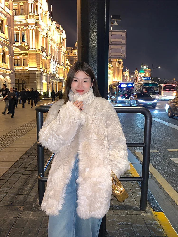 토카 리얼 퍼 2024 신상 여성용 보온 일체형 아우터웨어 긴 소매 라운드 넥 출퇴근 스타일 한국 버전