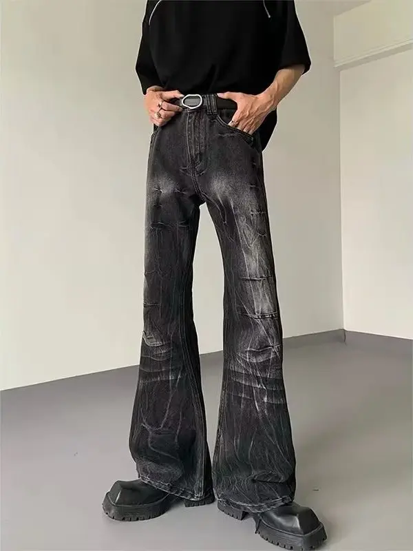 

Retro American Folded Lightning Pattern Bla Jeans Men Women Sle Slimming Waed Wide Leg Micro Flared Long Trousers