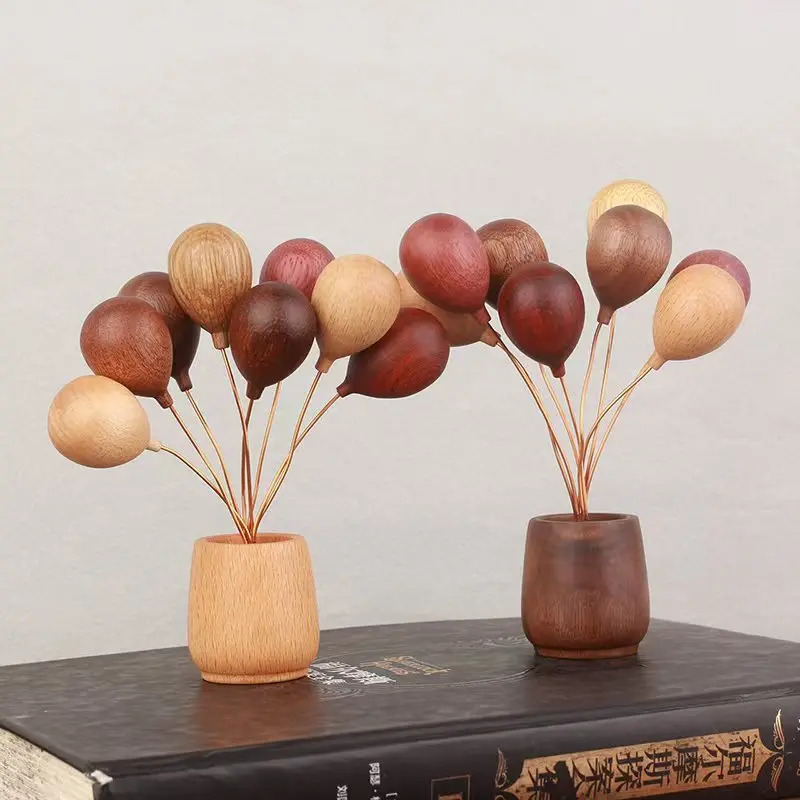 Handmade Wooden Balloon Decor,Multicolor Wood Balloon Ornament with Vase Base,Creative Desktop Figurine for Home&Office Decor