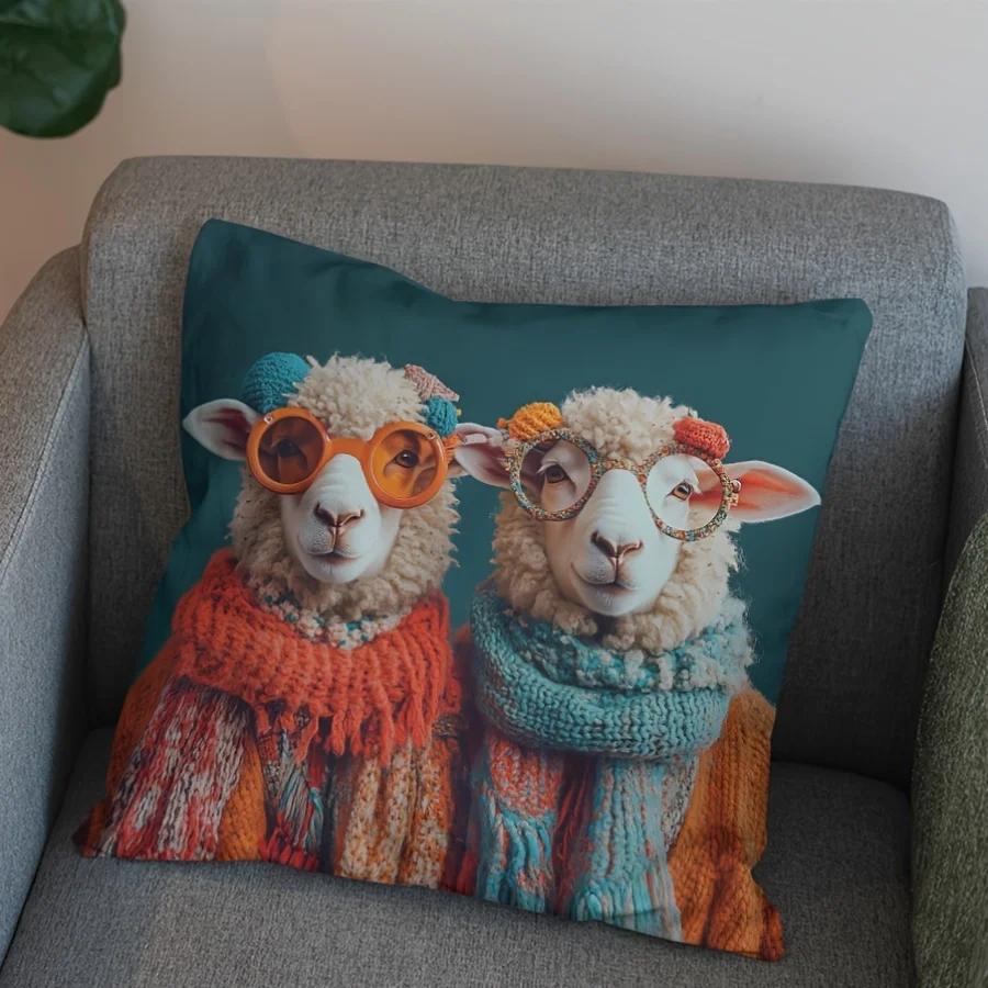 Fashionable Sheep with Glasses and Scarves Print Pillowcase -Home Decor,for Living Room and Bedroom,Ideal Gift for Animal Lovers