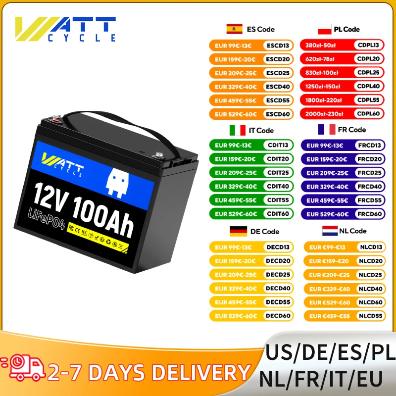 Wattcycle 12V 100AH LiFePO4 Batteria al litio 5000+ Cicli 100A BMS integrato Perfetto per motori da traina, camper, furgoni, fishfinder