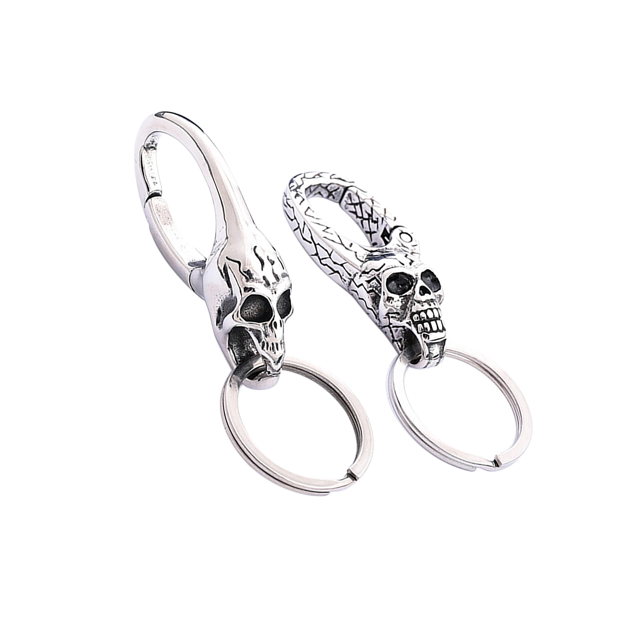 Gothic hippop stainless steel spring snap oval scary pirate skull head hook FOB keychain EDC DIY Halloween gift
