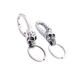 Gothic hippop stainless steel spring snap oval scary pirate skull head hook FOB keychain EDC DIY Halloween gift