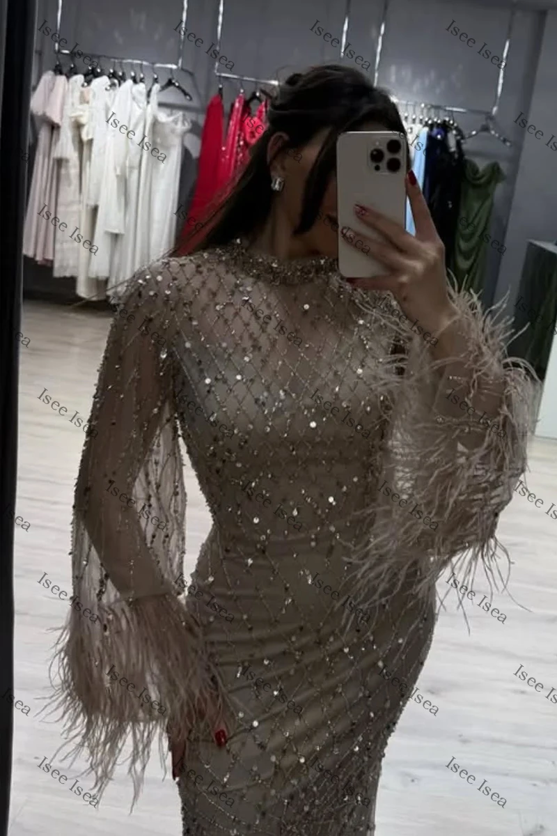 Robe de soirée vert sauge, manches longues, robe de Gala, style sirène, rose, romantique, paillettes, Maxi, col rond, robe de bal personnalisée