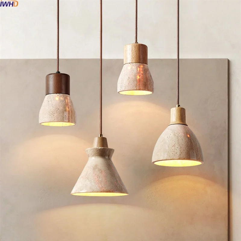 

IWHD Wabi Sabi LED Pendant Lighting Fixtures Bedroom Kitchen Interior For Home Yellow Travertine Wood Hanging Lamp Pendelleuchte