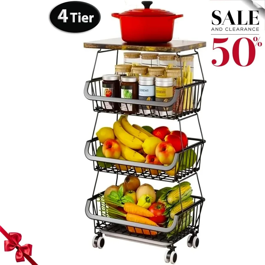 

4 Tier Fruit Storage Basket Fruit Vegetable Cart with Solid Wood Kitchen Storage Rack with Rollers for Pantry