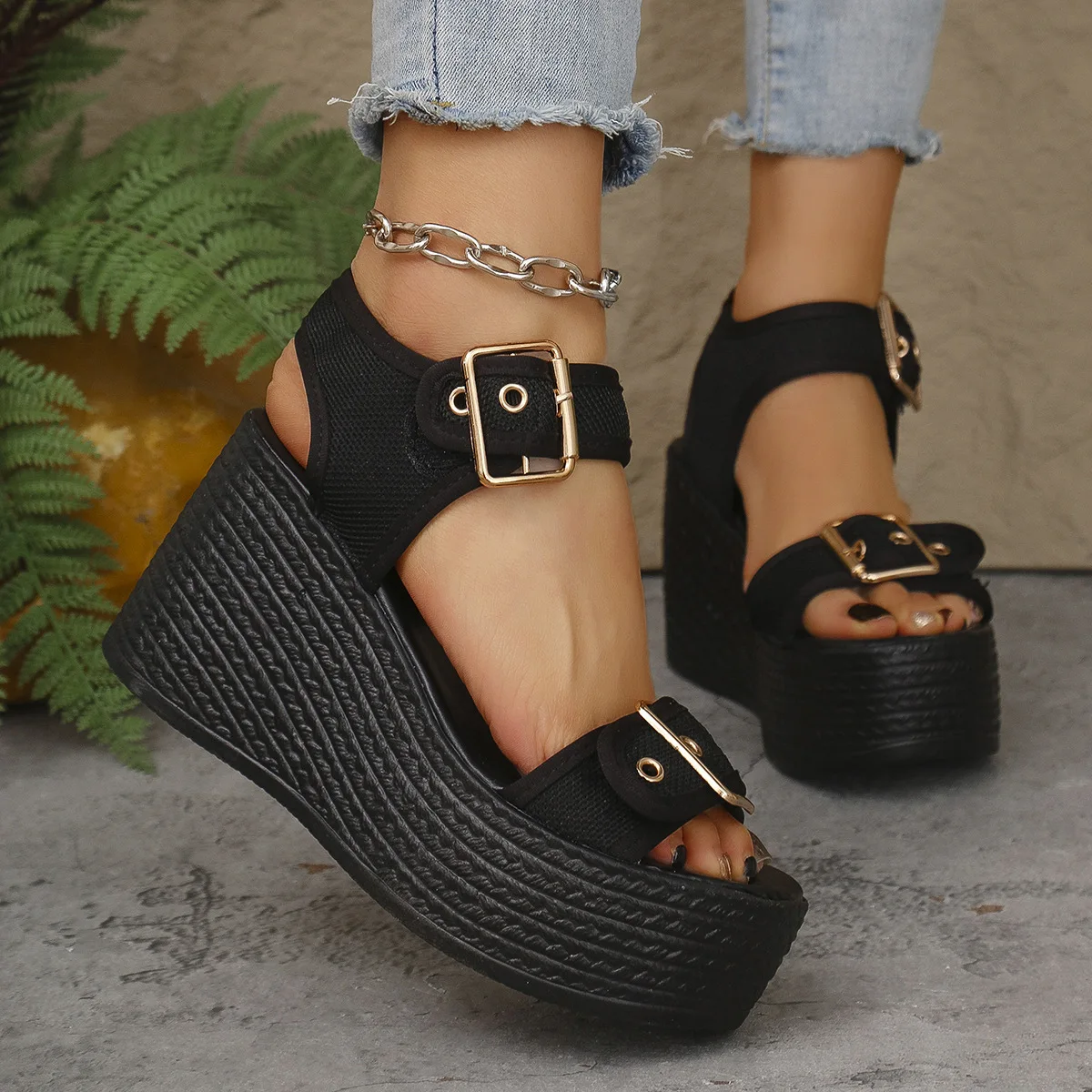 

Women's Summer New Wedge Heel Thick-soled Sandals, Straw Weave Buckle Fish-mouth Casual Sandals Dubai Luxury Islam Elegant