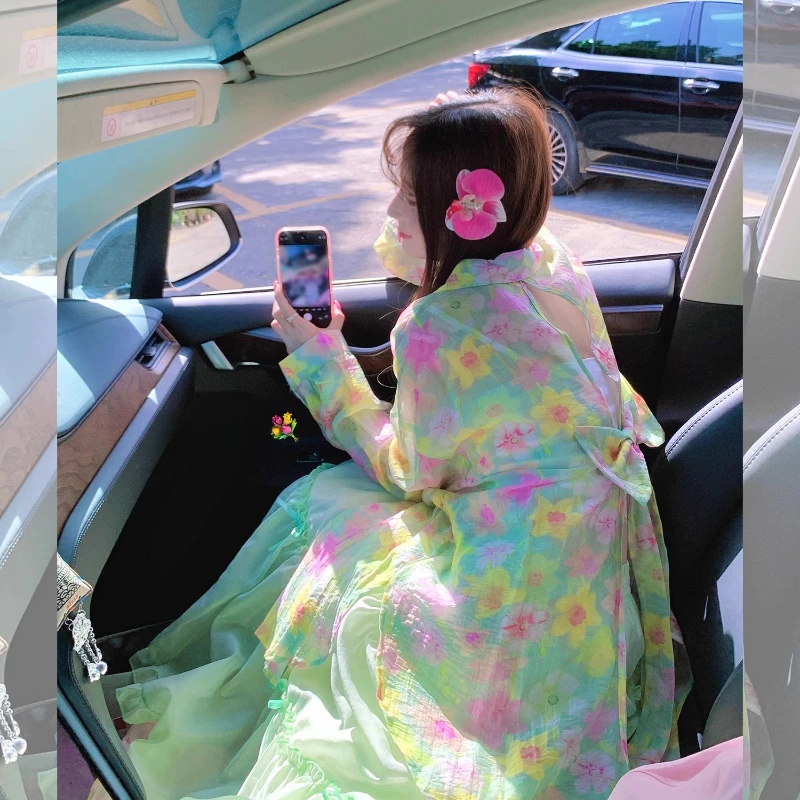 Summer New Green Floral Women's Sunscreen Shirt Jacket Sweet Cute Loose Vacation Split Bow Hollow Out Long Sleeves Shirts Ladies