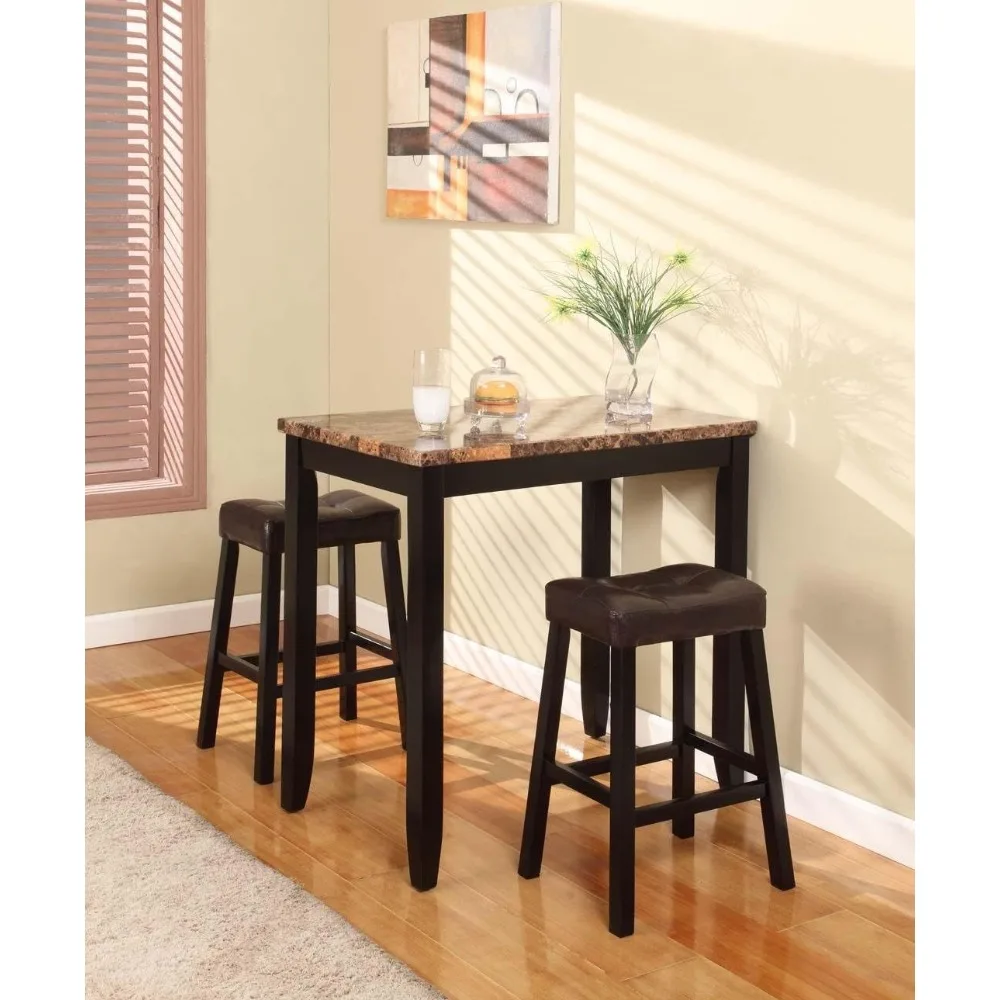 3-Piece Counter Height Glossy Print Marble Breakfast Table with Stools