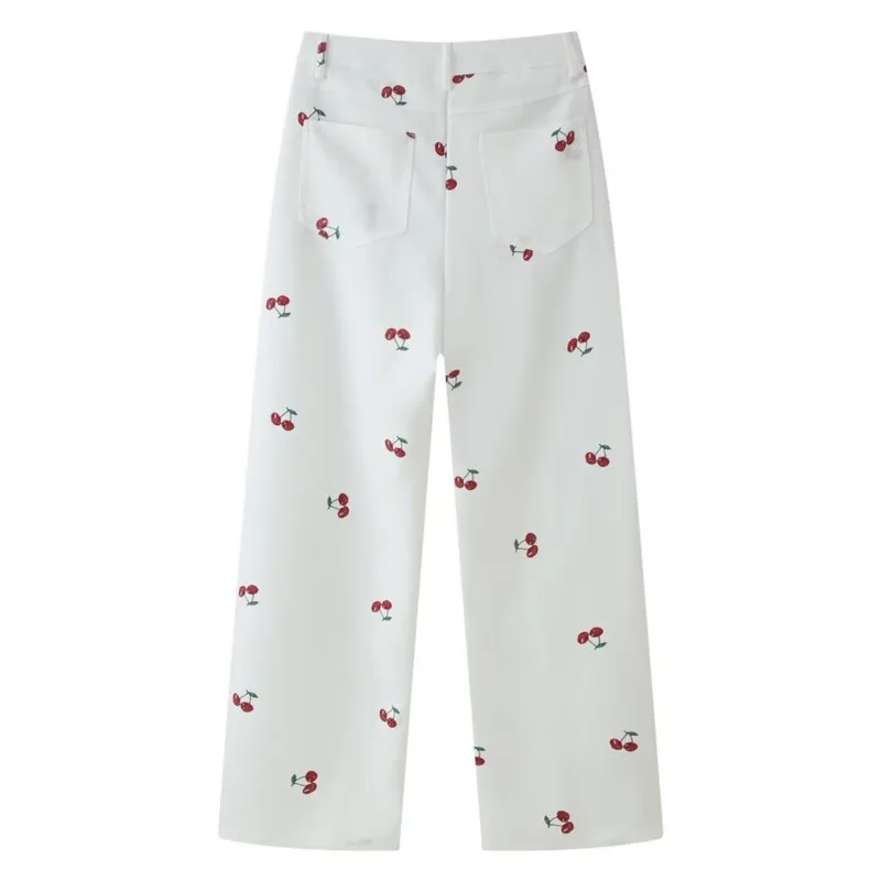 HipSeam Women's Fruit Print Pants Set 2 Piece Casual O-Neck Tops with Side Zipper Pocket Culottes Two Piece Set Female Outfit