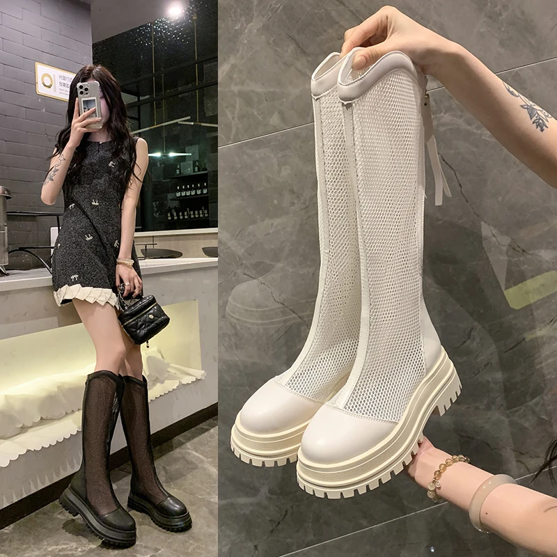 

Дышащие вязаные женские сетчатые сапоги со средней посадкой и круглой головкой, летние сапоги до колена, сандалии, модные Sandalias De Mujer