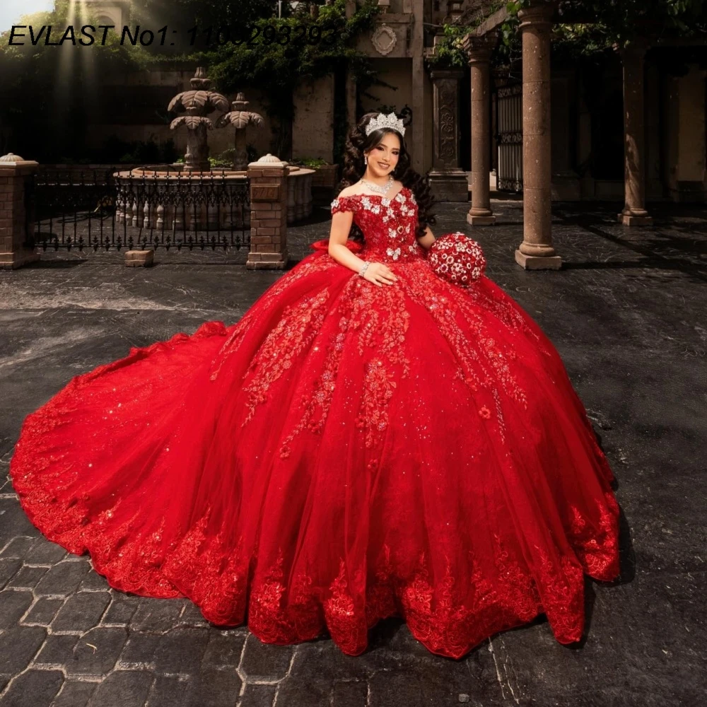 

EVLAST Индивидуальное блестящее красное платье Quinceanera, бальное платье с 3D цветами, кружевной аппликацией, украшенным бисером и бантом, Sweet 16, Vestidos De 15 Anos E1QN462