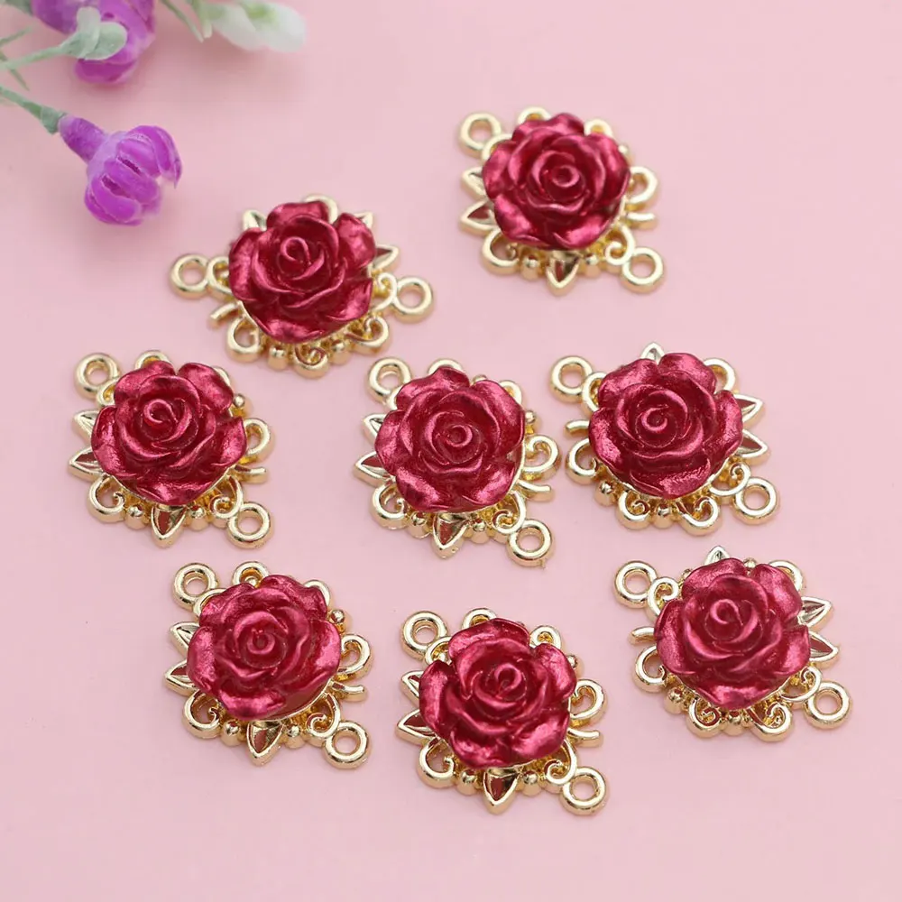10Pcs Gold Color Red Rose Flower Charm Pendant Connector for Jewelry Making Bracelet DIY Findings Accessories Craft