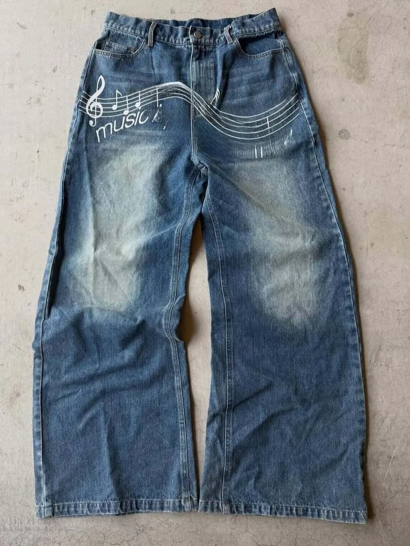 Y2K Cross-border Printed Denim High Street Vibe Loose Straight Leg Jeans Water Wash Cotton Youth Casual Straight Jeans