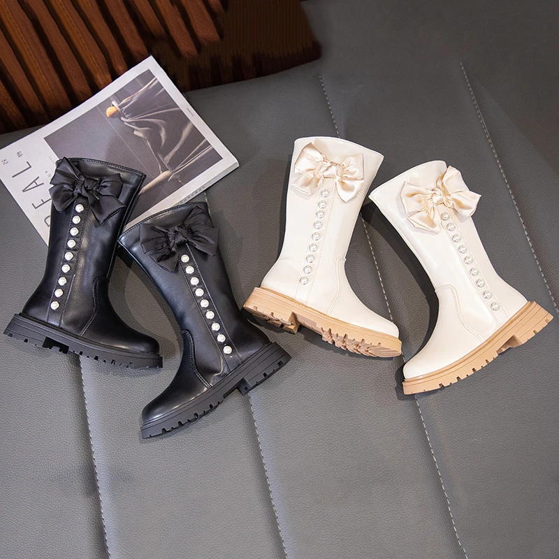 

Girls High Boots Mid-calf Versatile Children Princess Boots with Big Bows Korean Style 2025 Autumn Winter New Kids Leather Boots