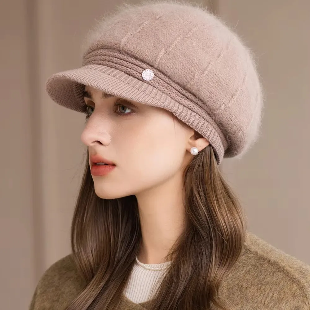Hot Sale Women Fashion Winter Hat With Brim Plush Fur Lined Dandy Hats For Women Casual Rabbit Fur Blend Streetwear Knitted Cap