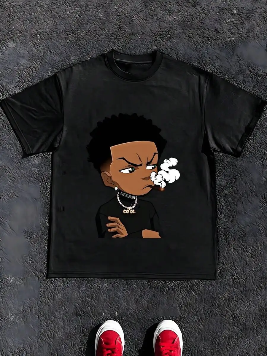 1Pcs Men's Casual Undershirt Tops 100% Cotton 220g Heavy T Shirt Smoking Cool Expression Cartoon Character Themed Digital Print T-Shirt,Summer