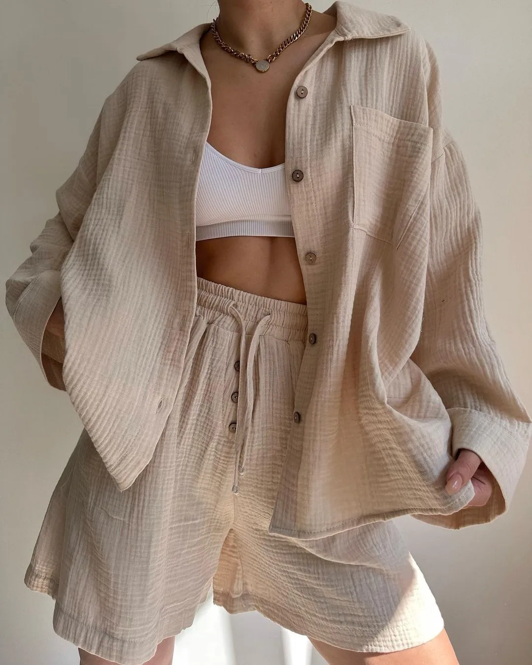 Conjunto de dos piezas de algodón largo Sve plisado irt Dstring orts, colección de primavera Faion para mujer, ropa informal con cierre de botón