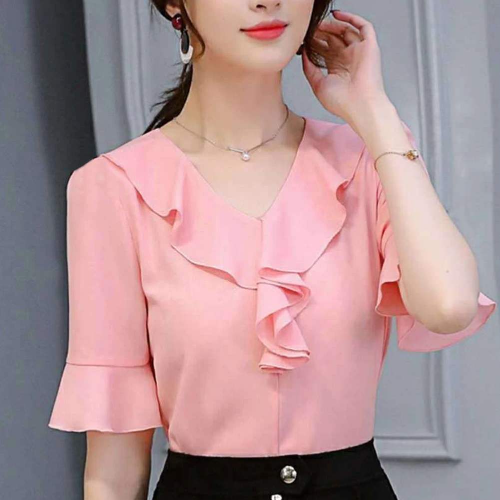 Casual Fashion Blouse Shirt Ruffle Trim V Neck Solid Shirt Women French Short-Sleeved Chiffon Blouse Summer Simple Women Top