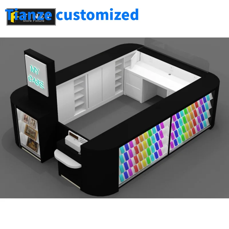 Kiosque de conception de magasin de téléphone portable avec disposition intérieure de lumière LED, accessoires de téléphone portable personnalisés, décoration de magasin