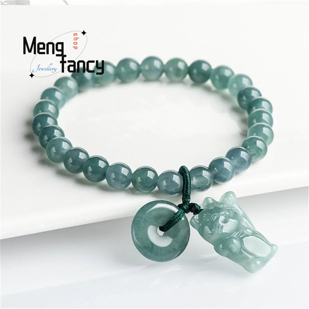 

Natural A-goods Jadeite Blue Water Fortune Cat Peace Button Hand-woven Bracelet Exquisite Charm Sexy Young Girls Fashion Jewelry