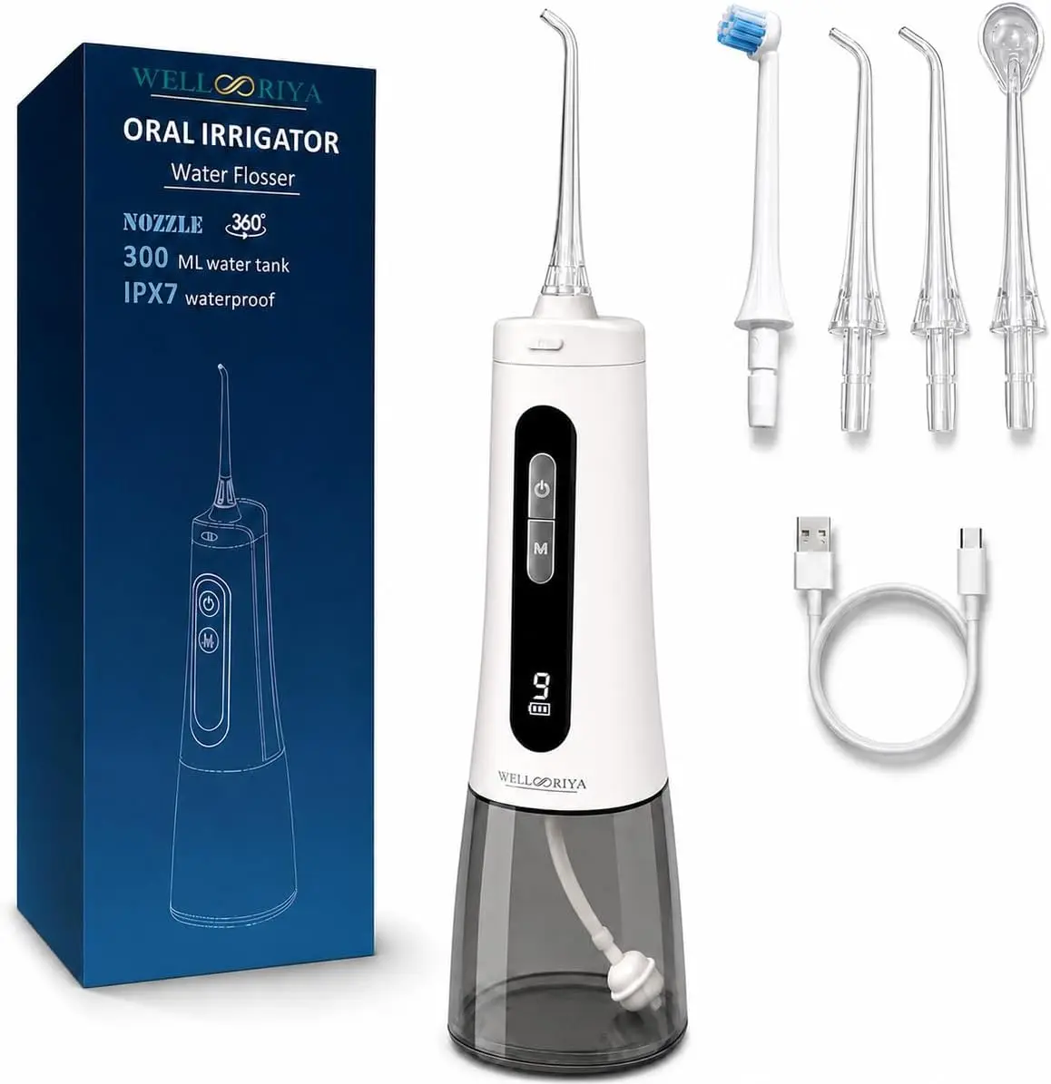 Cordless Portable Oral Irrigator Water Flosser 9 Pressure Levels 300ml Tank USB-C Rechargeable IPX7 Waterproof Braces Travel Use